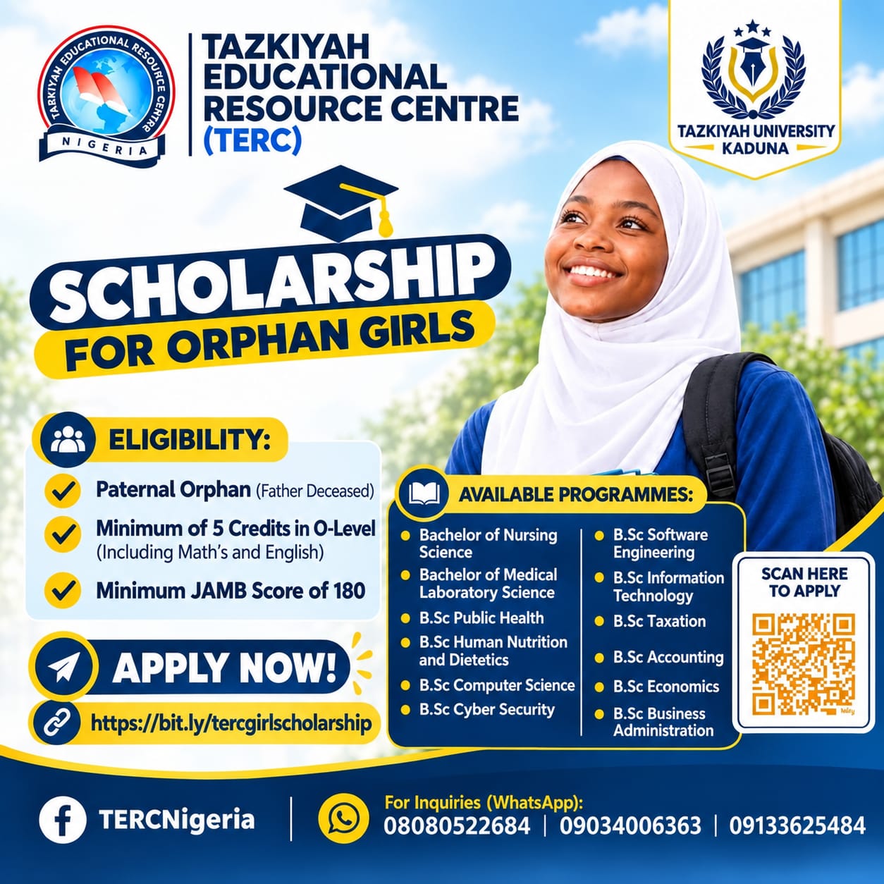 TERC full scholarship for orphan girls campaign poster